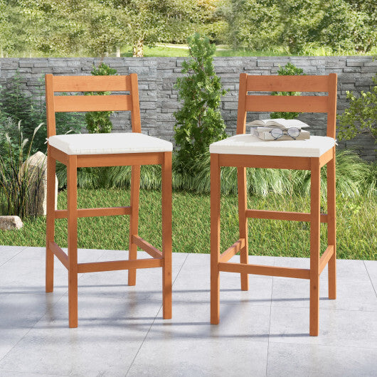 Set of 2 Outdoor Wood Barstools with Soft Seat Cushion-Off White