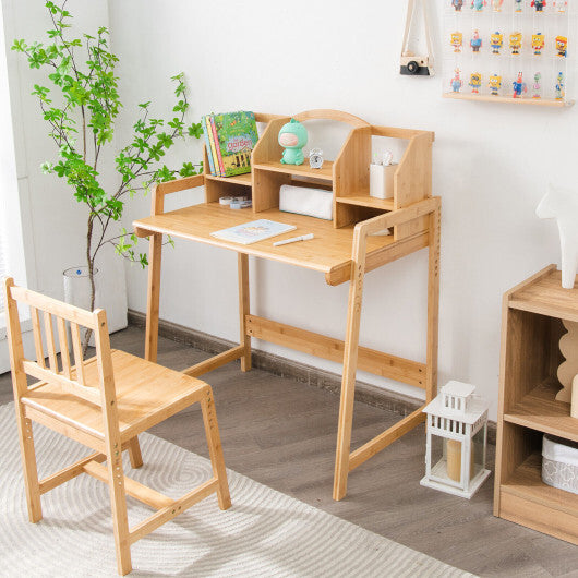 Bamboo Kids Study Desk and Chair Set with Bookshelf - Color: Natural