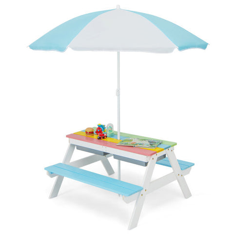 3-in-1 Kids Outdoor Picnic Water Sand Table with Umbrella Play Boxes-Blue - Color: Blue