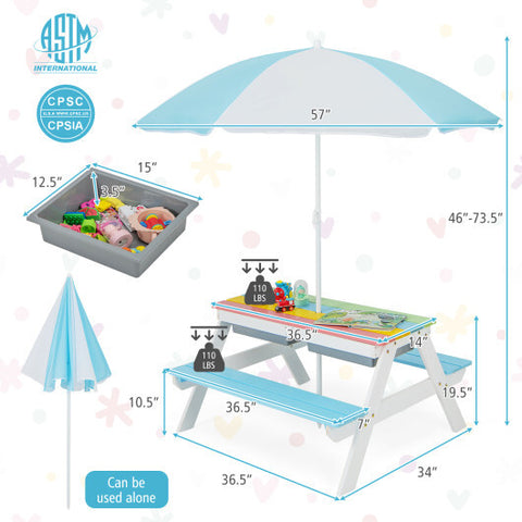 3-in-1 Kids Outdoor Picnic Water Sand Table with Umbrella Play Boxes-Blue - Color: Blue