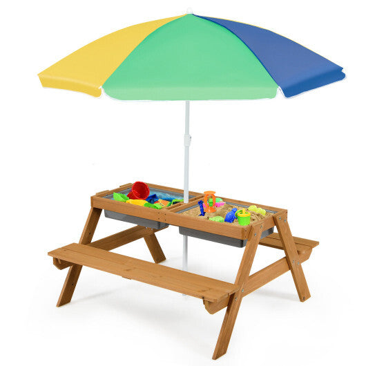 3-in-1 Kids Outdoor Picnic Water Sand Table with Umbrella Play Boxes-Yellow - Color: Yellow