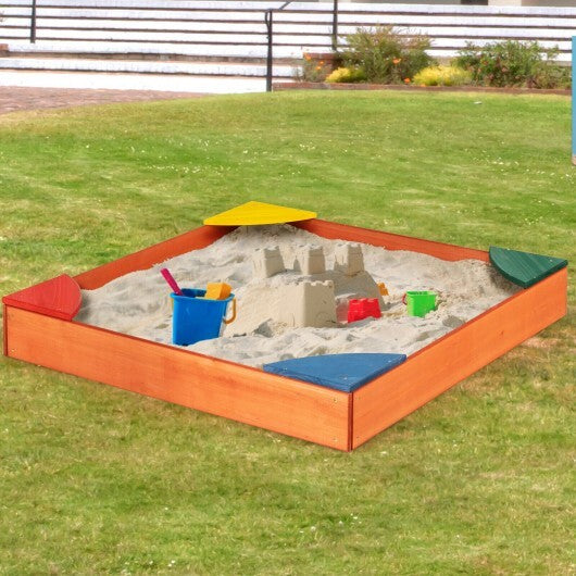 Kids Outdoor Wooden Backyard Sandbox with Built-in Corner Seating - Color: Multicolor