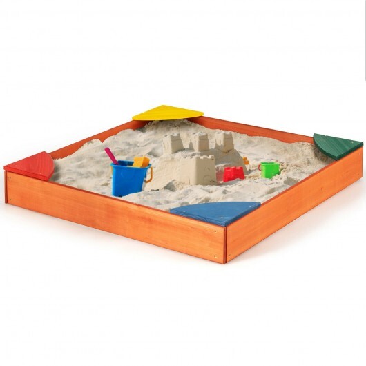 Kids Outdoor Wooden Backyard Sandbox with Built-in Corner Seating - Color: Multicolor