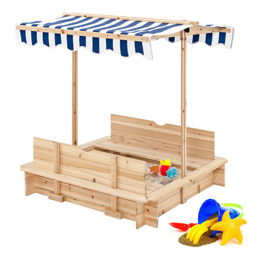 Kids Wooden Sandbox with Canopy and Bench Seats - Color: Blue