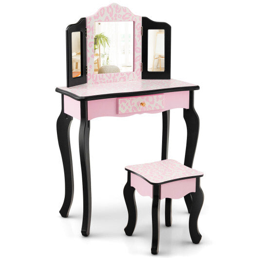 Kid Vanity Set with Tri-Folding Mirror and Leopard Print-Pink - Minihomy