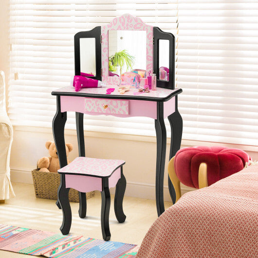 Kid Vanity Set with Tri-Folding Mirror and Leopard Print-Pink - Minihomy