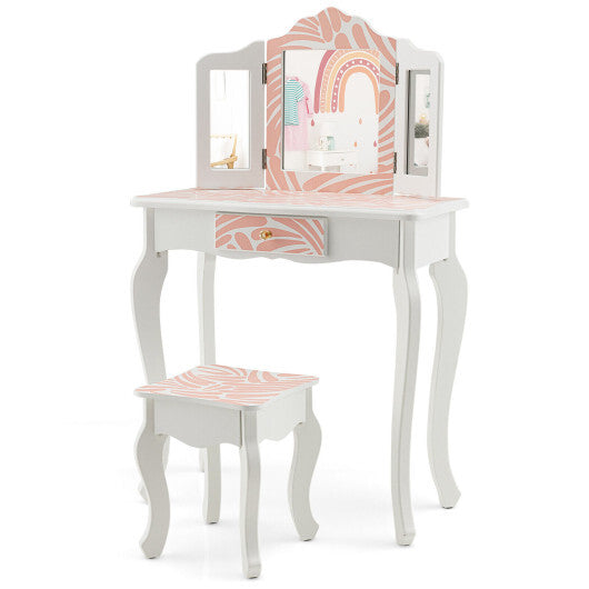 2-in-1 Kids Vanity Table Set with Tri-folding Mirror-Pink - Minihomy