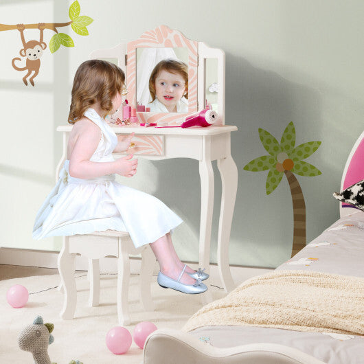 2-in-1 Kids Vanity Table Set with Tri-folding Mirror-Pink - Minihomy