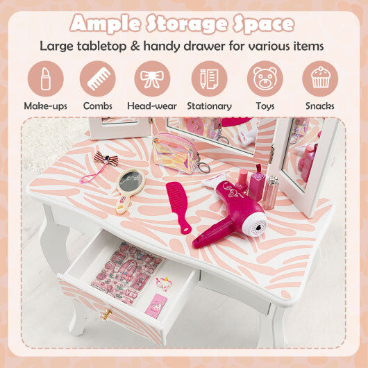 2-in-1 Kids Vanity Table Set with Tri-folding Mirror-Pink - Minihomy