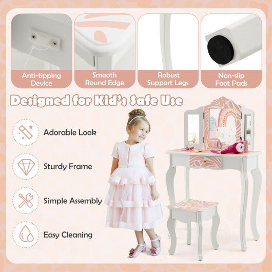 2-in-1 Kids Vanity Table Set with Tri-folding Mirror-Pink - Minihomy