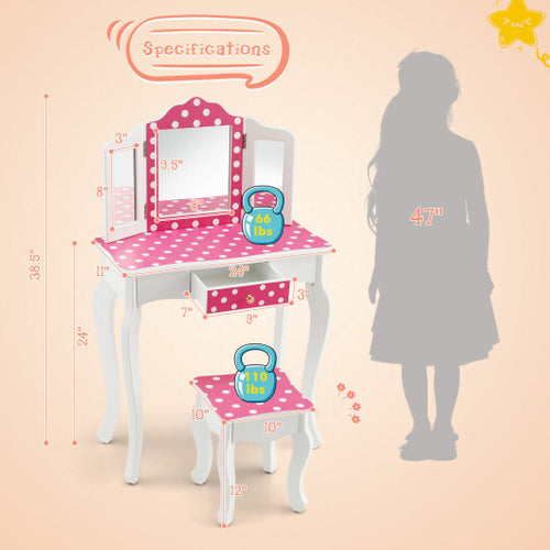 Kids Vanity Table and Stool Set with Cute Polka Dot Print-Pink