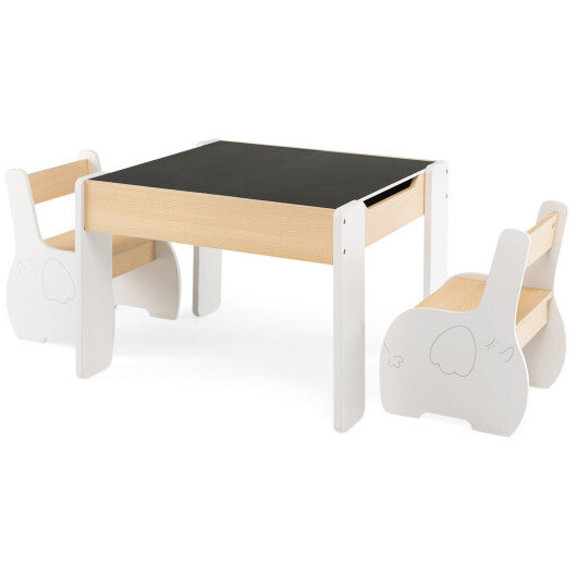 4-in-1 Wooden Activity Kids Table and Chairs with Storage and Detachable Blackboard-White - Minihomy