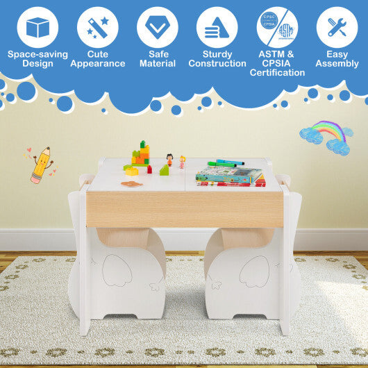 4-in-1 Wooden Activity Kids Table and Chairs with Storage and Detachable Blackboard-White - Minihomy