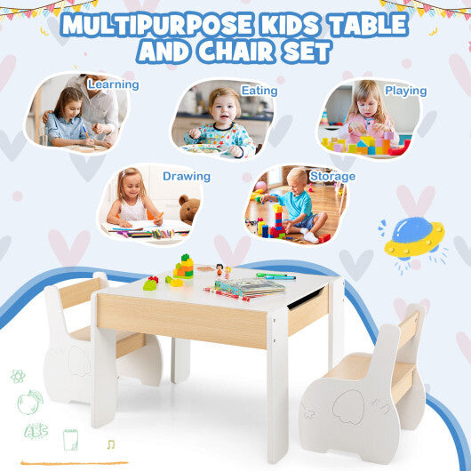 4-in-1 Wooden Activity Kids Table and Chairs with Storage and Detachable Blackboard-White - Minihomy