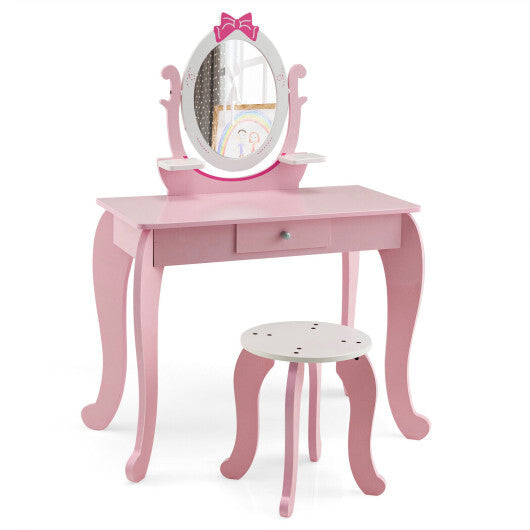 Kid Vanity Table Stool Set with Oval Rotatable Mirror-Pink - Minihomy