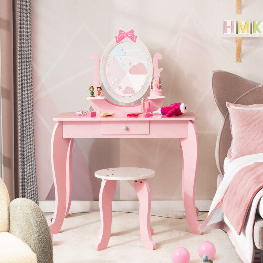 Kid Vanity Table Stool Set with Oval Rotatable Mirror-Pink - Minihomy