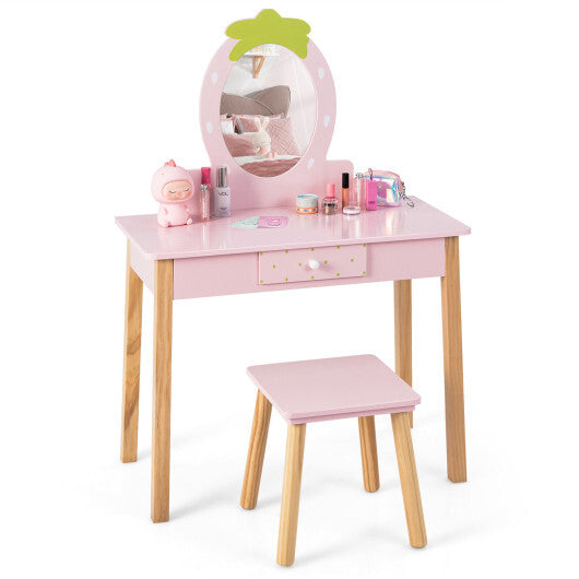 2-in-1 Children Vanity Table Stool Set with Mirror-Pink - Minihomy