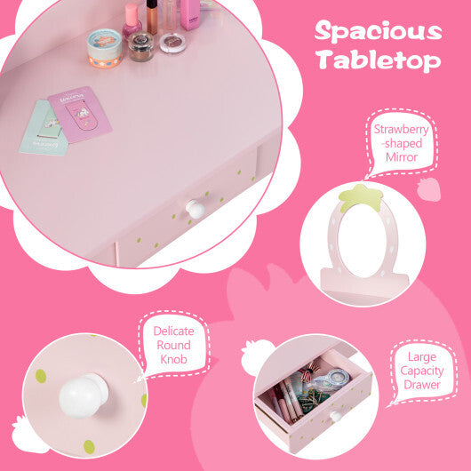 2-in-1 Children Vanity Table Stool Set with Mirror-Pink - Minihomy