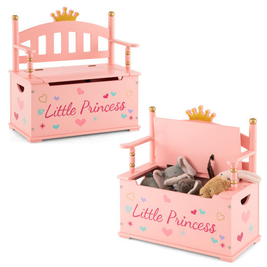 2-In-1 Kids Princess Wooden Toy Box with Safe Hinged Lid-Pink - Minihomy