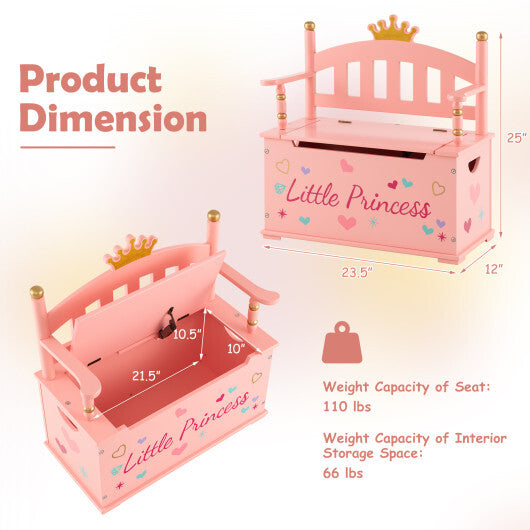 2-In-1 Kids Princess Wooden Toy Box with Safe Hinged Lid-Pink - Minihomy