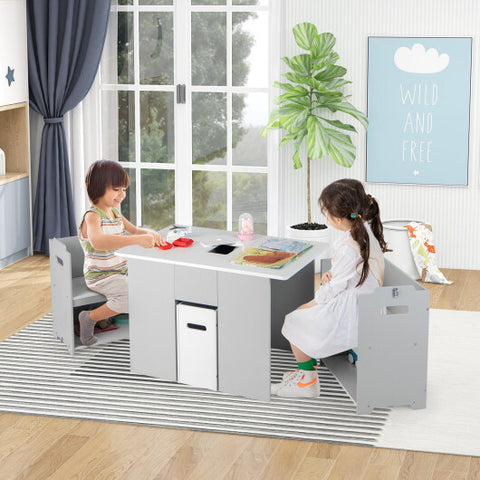 4-in-1 Kids Table and Chairs with Multiple Storage for Learning-Gray