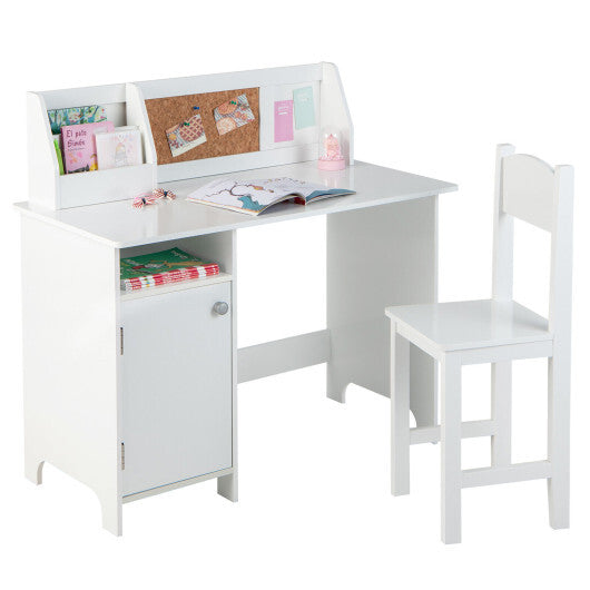 Wooden Kids Study Desk and Chair Set with Storage Cabinet and Bulletin Board-White