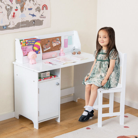 Wooden Kids Study Desk and Chair Set with Storage Cabinet and Bulletin Board-White