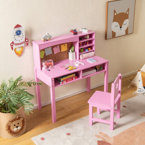 Kids Desk and Chair Set with Hutch and Bulletin Board for 3+ Kids-Pink - Color: Pink