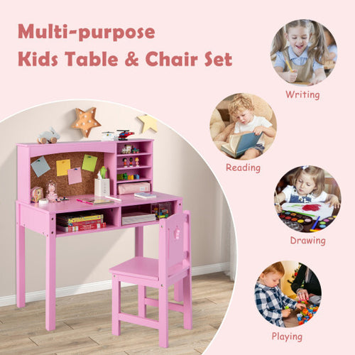 Kids Desk and Chair Set with Hutch and Bulletin Board for 3+ Kids-Pink - Color: Pink