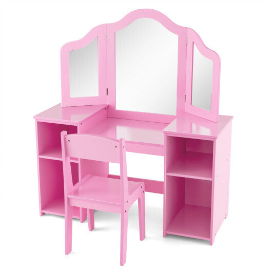 Kids Vanity Table and Chair Set with Removable Tri-Folding Mirror-Pink - Color: Pink