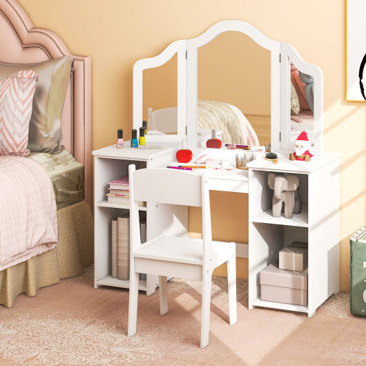 Kids Vanity Table and Chair Set with Removable Tri-Folding Mirror-Pink