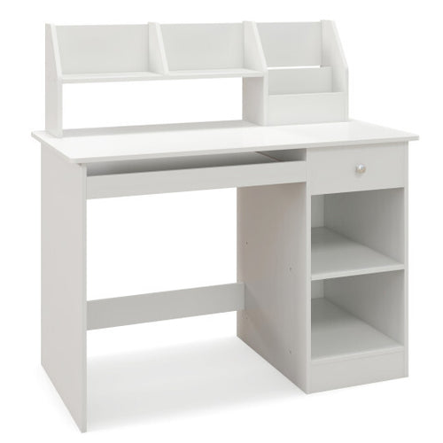 Kids Study Desk Children Writing Table with Hutch Drawer Shelves and Keyboard Tray-White - Color: White