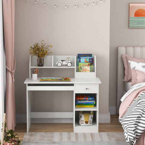 Kids Study Desk Children Writing Table with Hutch Drawer Shelves and Keyboard Tray-White - Color: White
