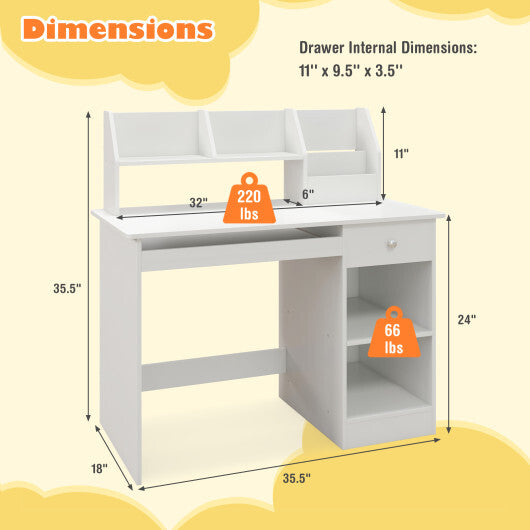 Kids Study Desk Children Writing Table with Hutch Drawer Shelves and Keyboard Tray-White - Color: White - Minihomy