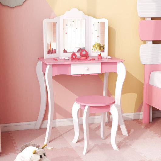 Kid's Wooden Vanity Table and Stool Set  with 3-Panel Acrylic Mirror-White - Color: White - Minihomy