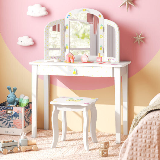 Kids Vanity Table Set with Tri-Folding Mirror and Large Drawer-White