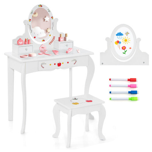 Kids Vanity and Stool Set with 360? Rotatable Mirror and Whiteboard-White