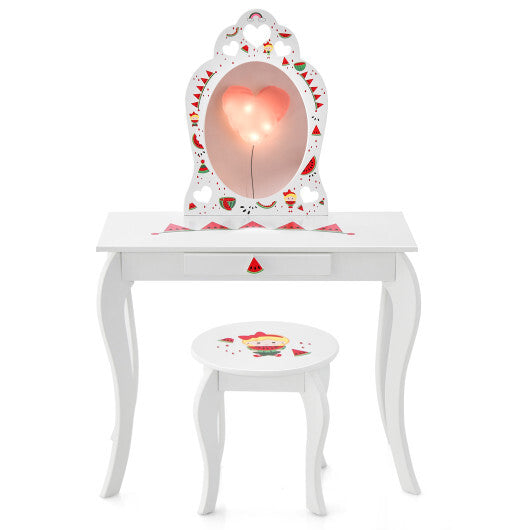 2 in 1 Children Pretend Makeup Vanity Set with Removable Mirror and Storage Drawer-White - Minihomy