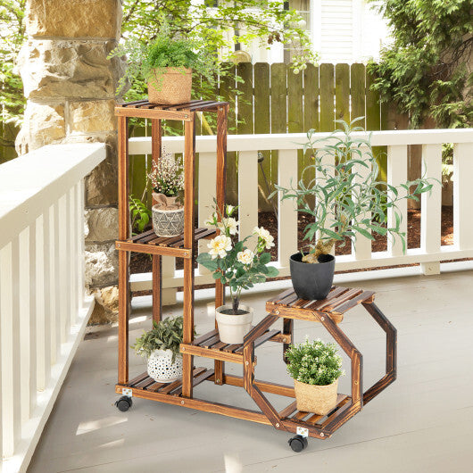 6-Tier Wooden Plant Stand with Wheels-Brown