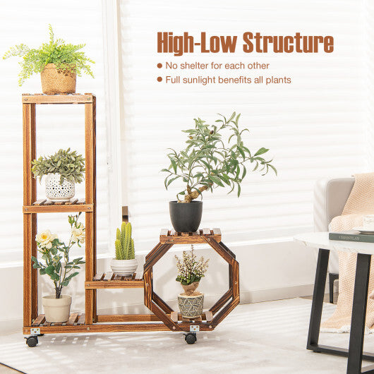 6-Tier Wooden Plant Stand with Wheels-Brown - Minihomy