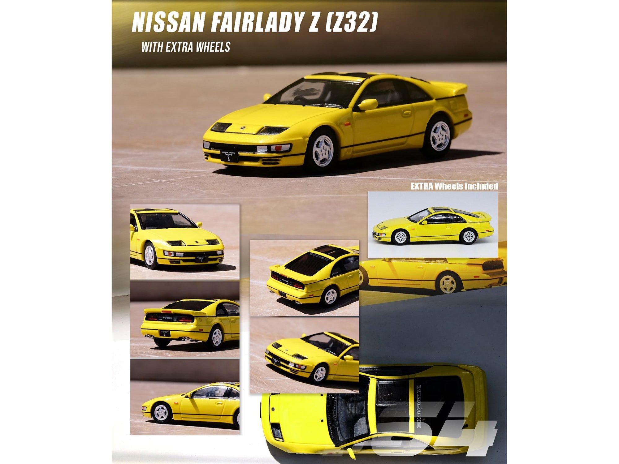 Nissan Fairlady Z (Z32) RHD (Right Hand Drive) Yellow Pearlglow with Sunroof and Extra Wheels 1/64 Diecast Model Car by Inno Models - Minihomy