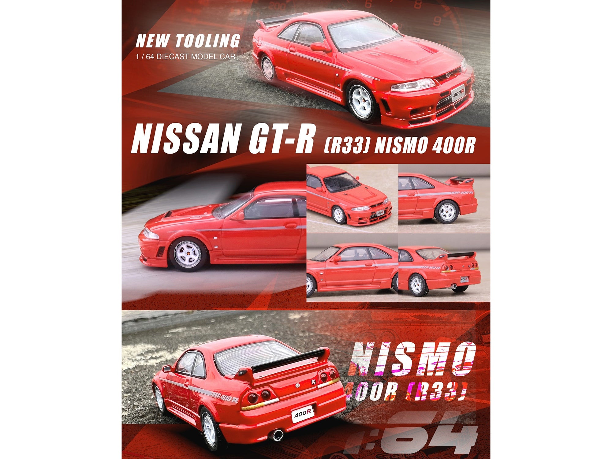 Nissan Skyline GT-R (R33) Nismo 400R RHD (Right Hand Drive) Super Clear Red II with Silver Stripes 1/64 Diecast Model Car by Inno Models - Minihomy