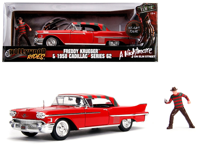 1958 Cadillac Series 62 Red with Freddy Krueger Diecast Figurine "A Nightmare on Elm Street" Movie 1/24 Diecast Model Car by Jada - Minihomy