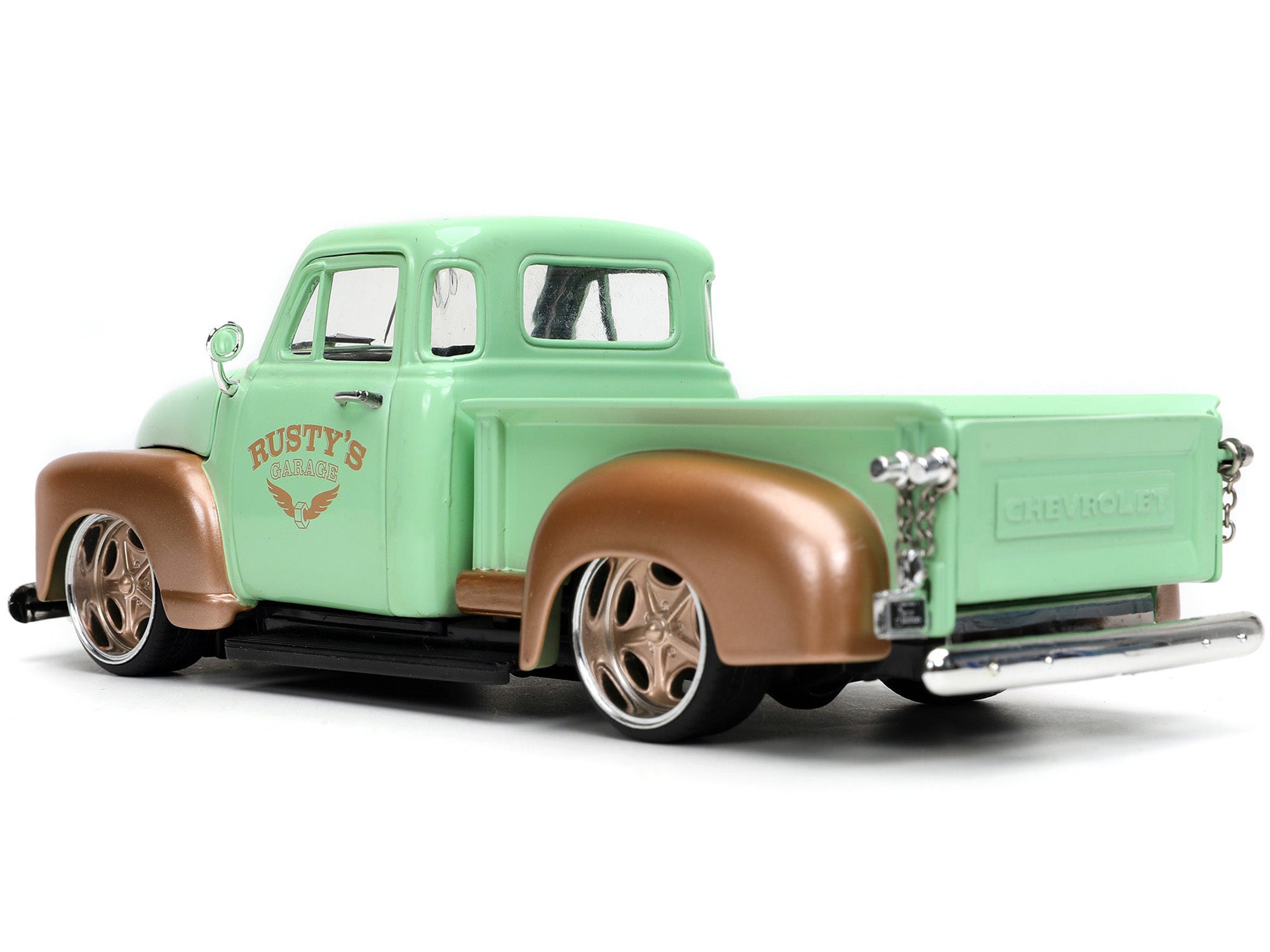 1953 Chevrolet 3100 Pickup Truck Light Green and Gold Metallic "Rusty's Garage" with Extra Wheels "Just Trucks" Series 1/24 Diecast Model Car by Jada - Minihomy