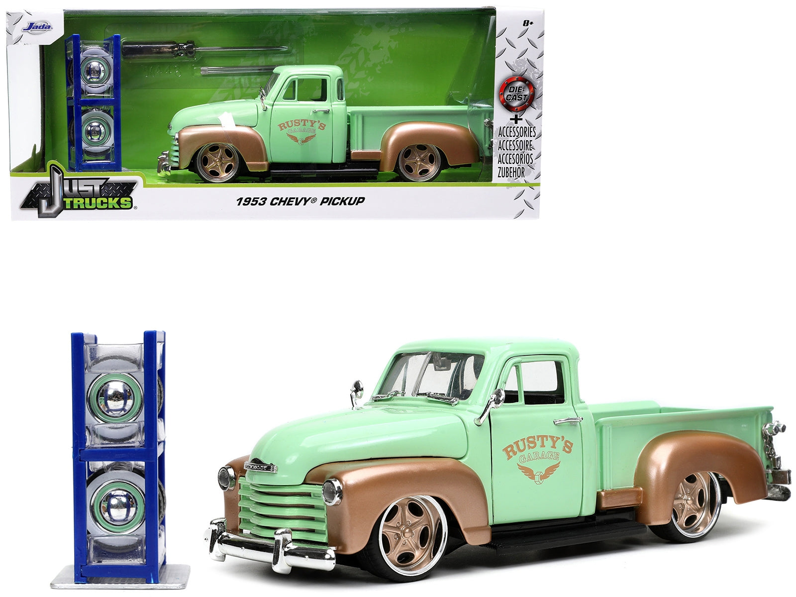 1953 Chevrolet 3100 Pickup Truck Light Green and Gold Metallic "Rusty's Garage" with Extra Wheels "Just Trucks" Series 1/24 Diecast Model Car by Jada - Minihomy