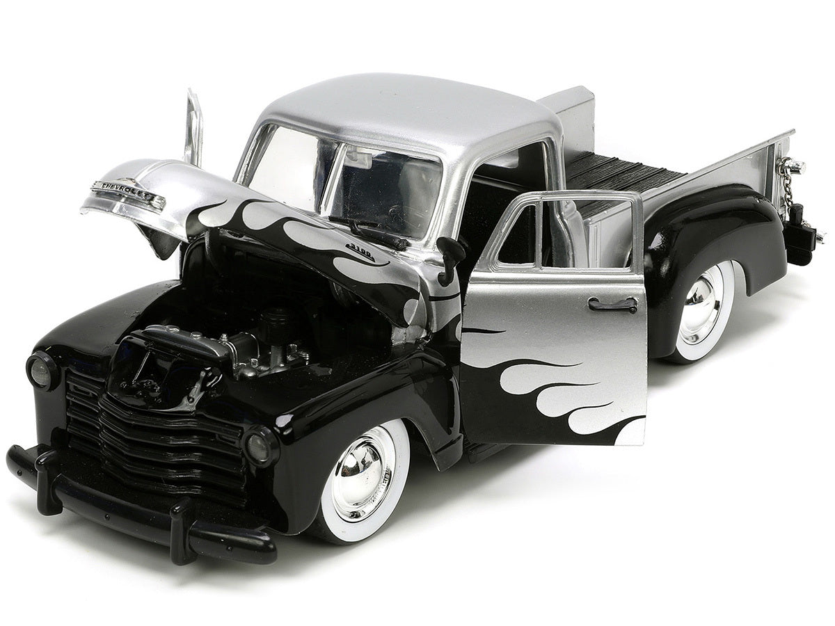 1953 Chevrolet 3100 Pickup Truck Silver Metallic with Black Flames with Extra Wheels "Just Trucks" Series 1/24 Diecast Model Car by Jada - Minihomy