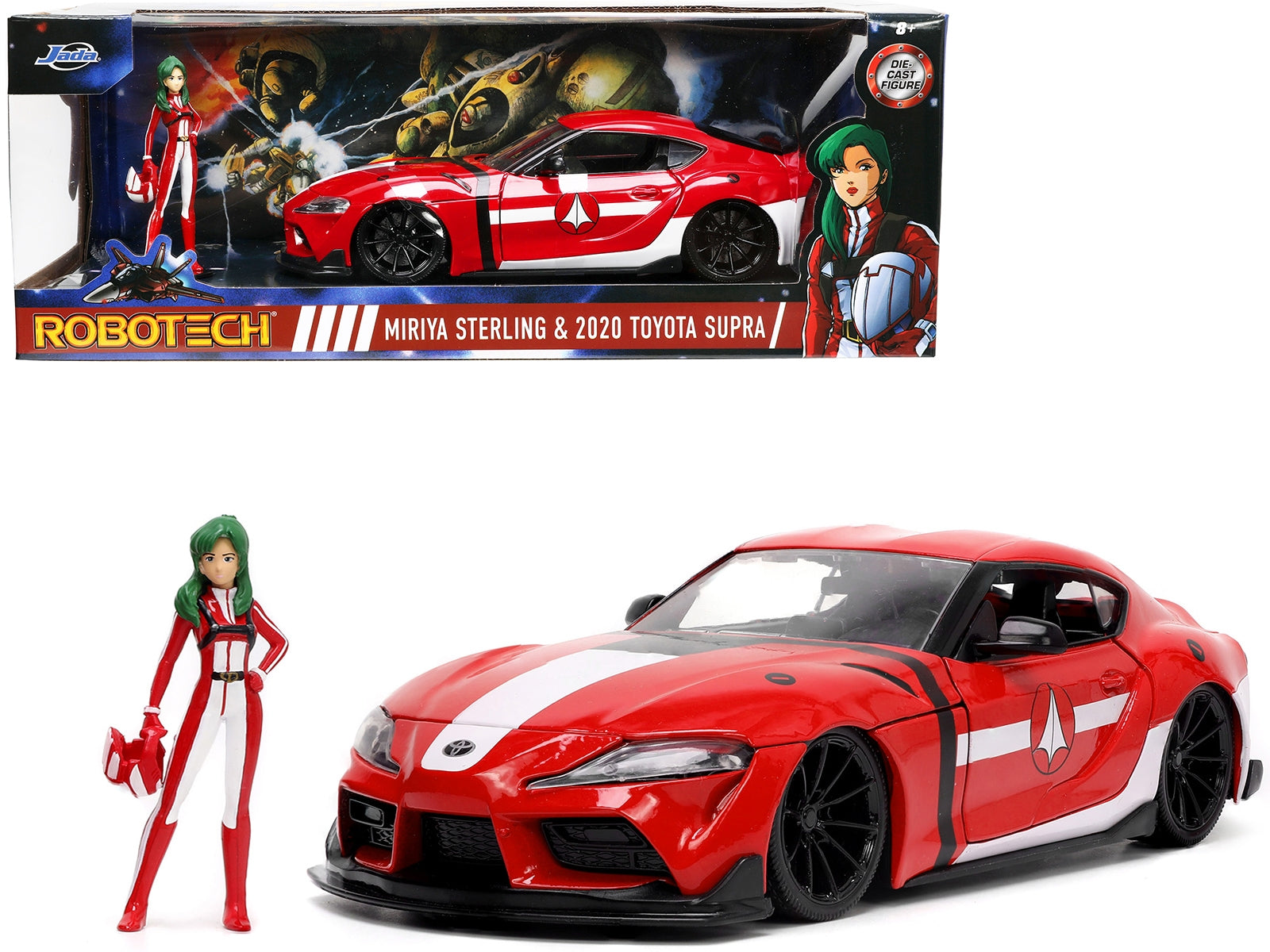 2020 Toyota Supra Red with Graphics and Miriya Sterling Diecast Figurine "Robotech" "Hollywood Rides" Series 1/24 Diecast Model Car by Jada - Minihomy