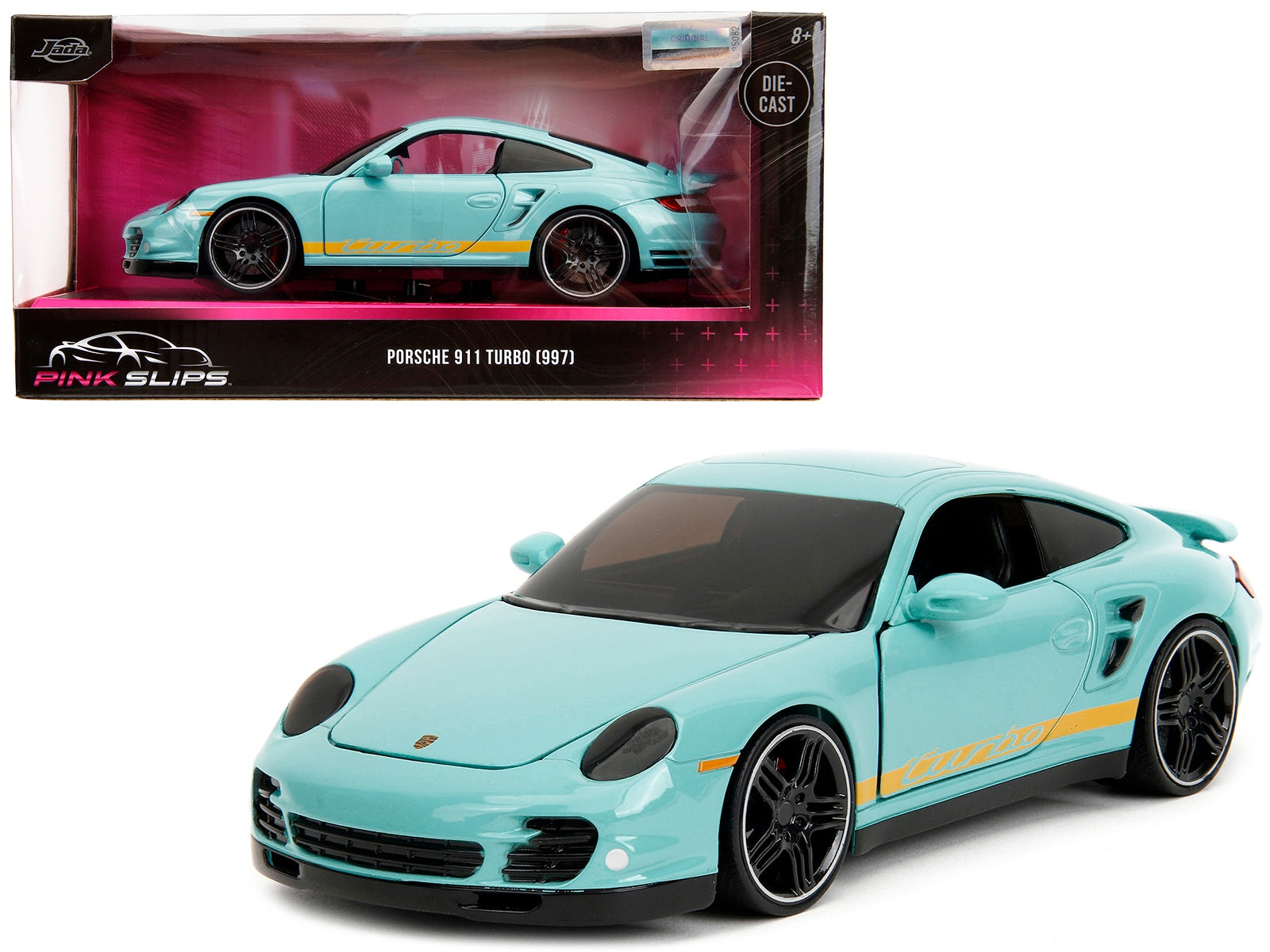 Porsche 911 Turbo (997) Light Blue with Yellow Stripes "Pink Slips" Series 1/24 Diecast Model Car by Jada - Minihomy