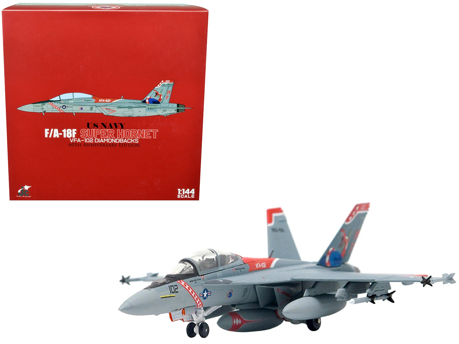 Boeing F/A-18F Super Hornet Fighter Aircraft "US Navy VFA-102 Diamondbacks 60th Anniversary Edition" (2015) 1/144 Diecast Model by JC Wings - Minihomy