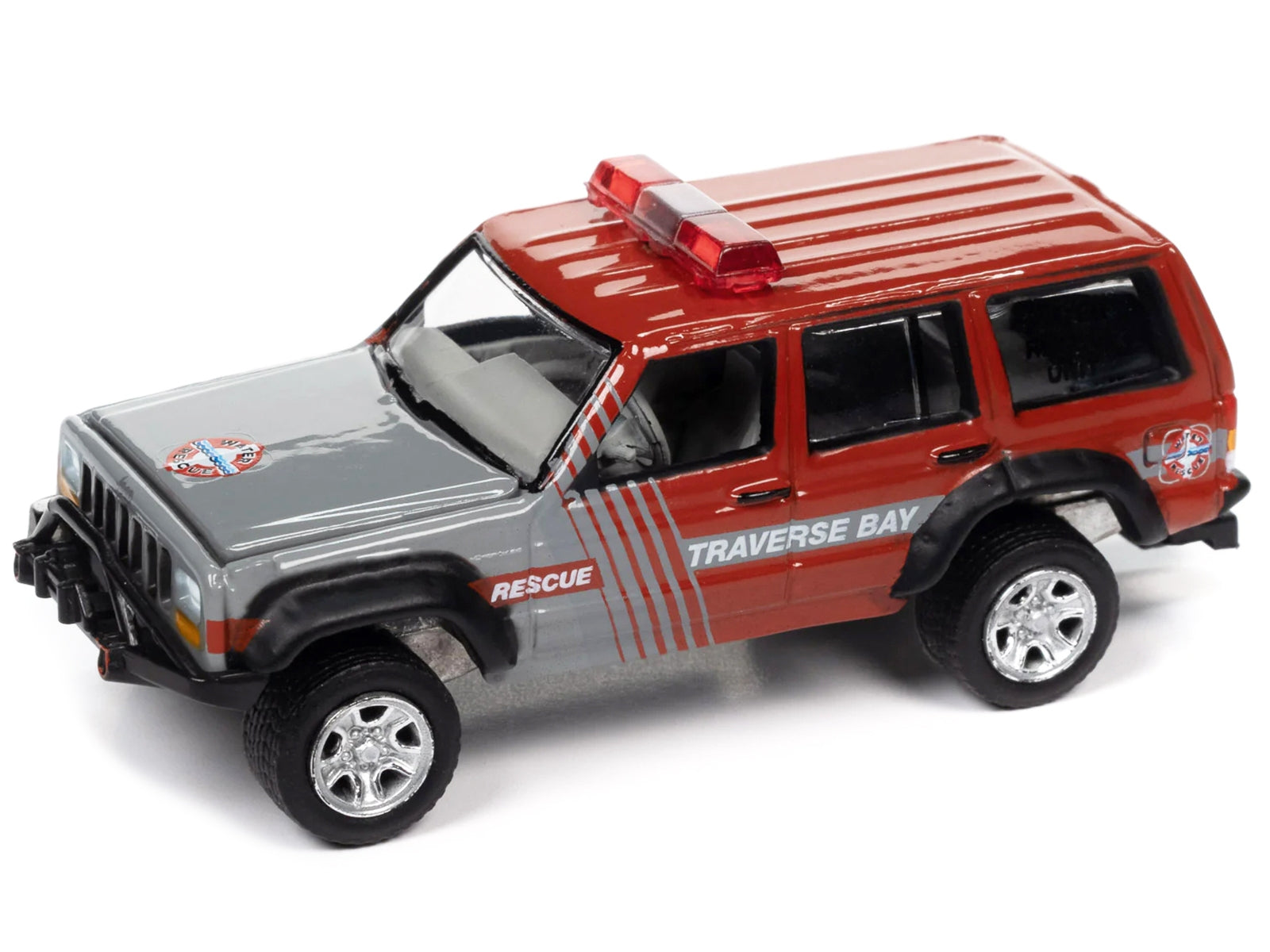 Jeep Cherokee XJ Red and Gray "Traverse Bay Water Rescue" with Boat and Trailer "Tow & Go" - Minihomy